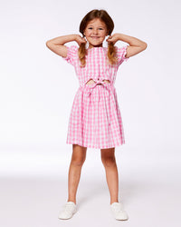 Puff Sleeve Dress With Waist Tie Pink And White Checks - G30J90_605