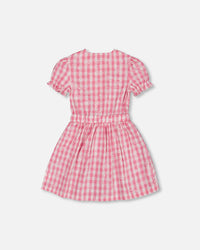 Puff Sleeve Dress With Waist Tie Pink And White Checks - G30J90_605