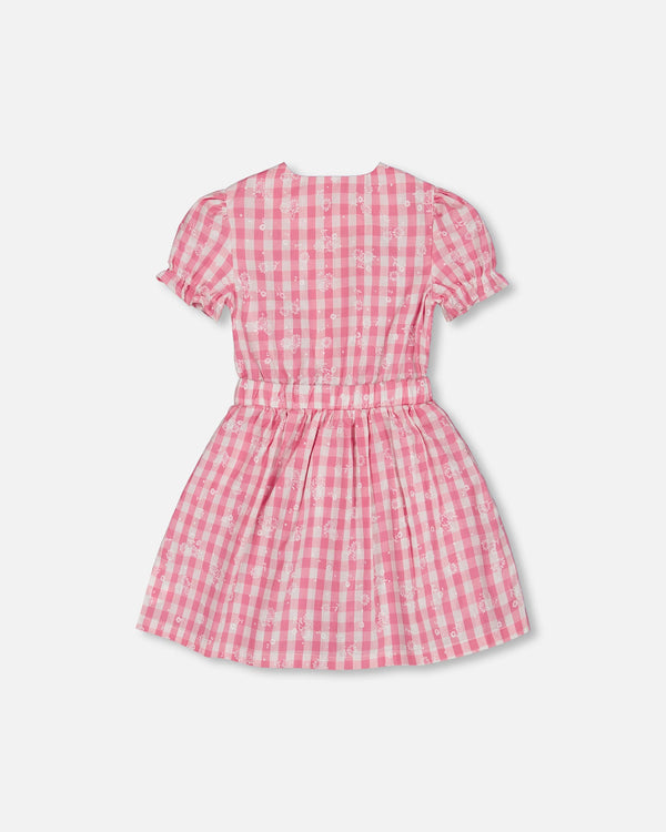 Puff Sleeve Dress With Waist Tie Pink And White Checks - G30J90_605