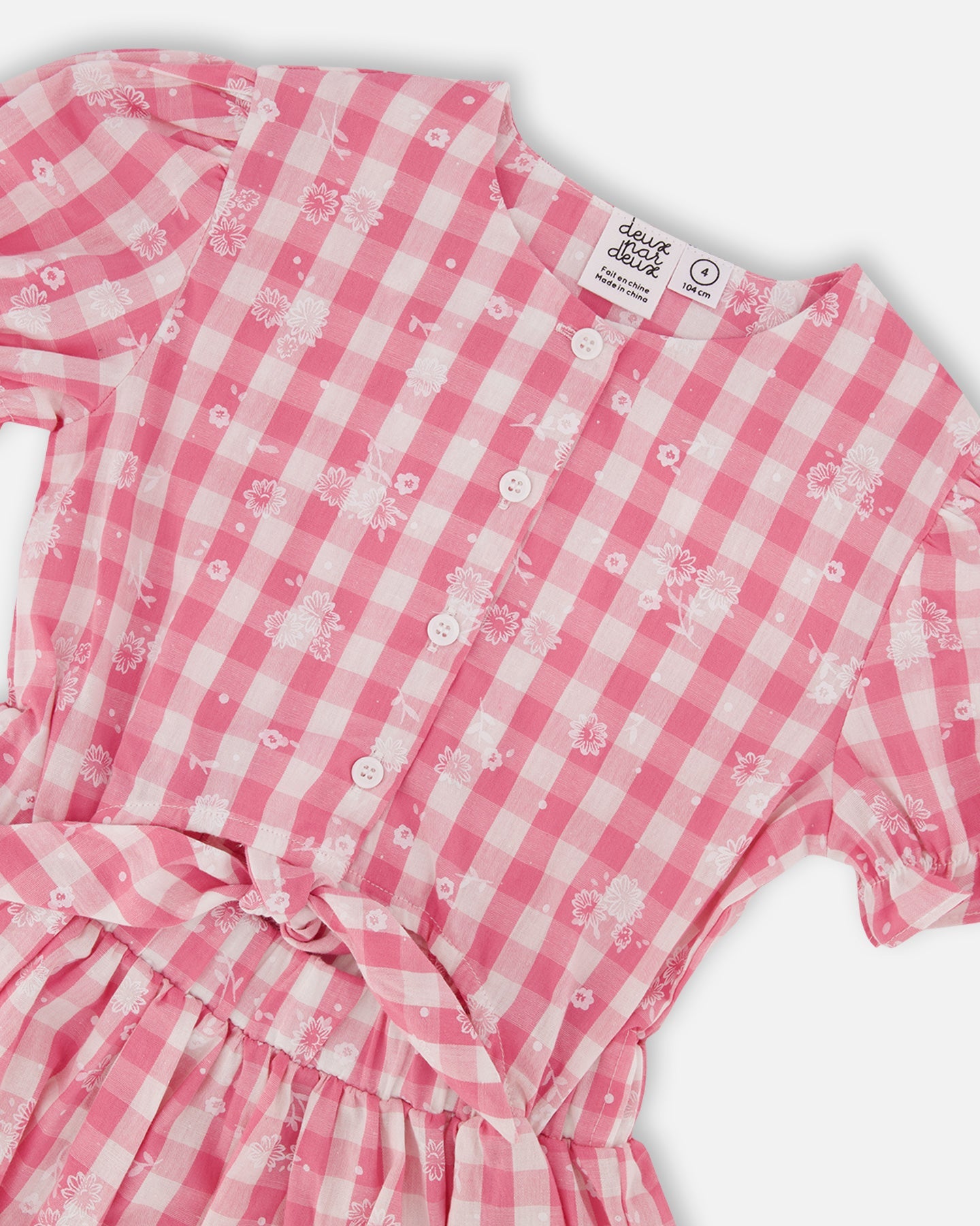 Puff Sleeve Dress With Waist Tie Pink And White Checks - G30J90_605