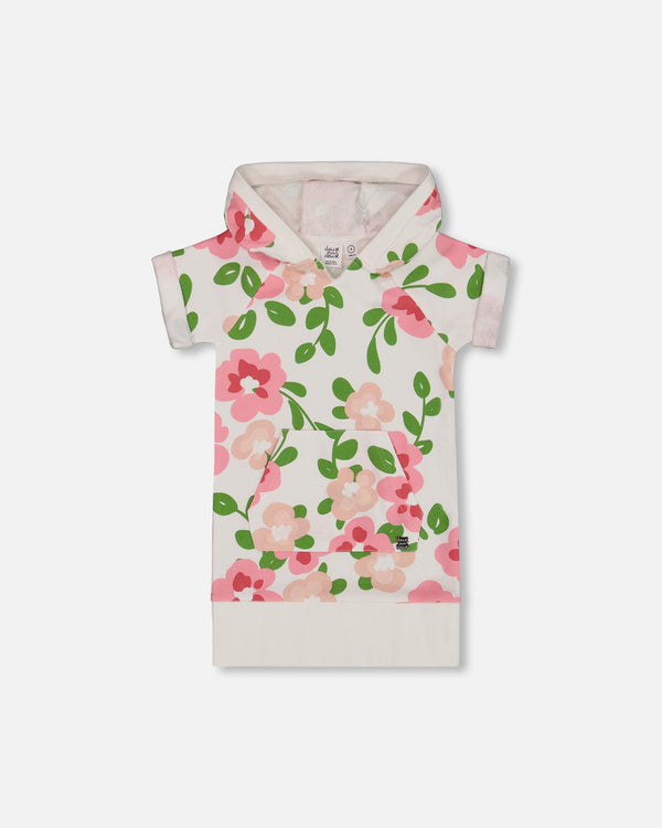 Printed French Terry Hooded Dress Pink Flowers On White Background - G30J91_093