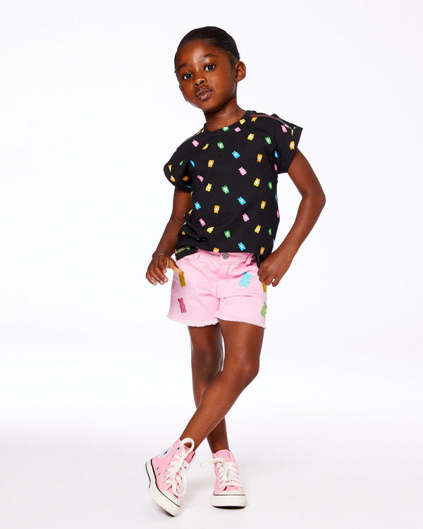 Rolled Sleeve Tee With Print Black And Multicolored Gummies - G30K72_077