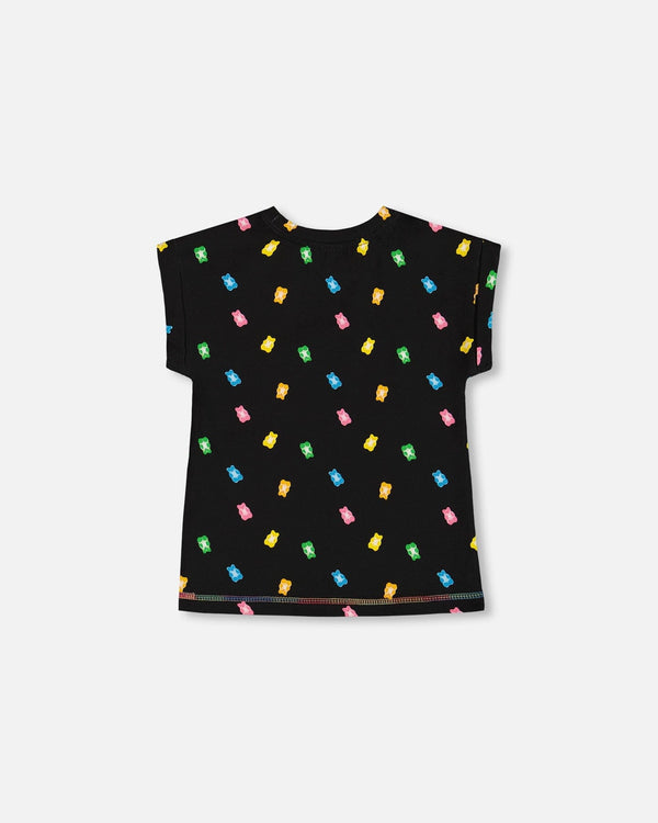 Rolled Sleeve Tee With Print Black And Multicolored Gummies - G30K72_077