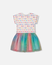 Bi-Material Dress With Mesh Skirt Multicolored Tie Dye And White - G30K86_079