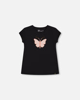 Organic Cotton Top With Applique Black And Pink Butterfly