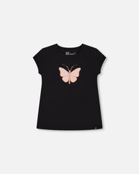 Organic Cotton Top With Applique Black And Pink Butterfly - G30L71_999