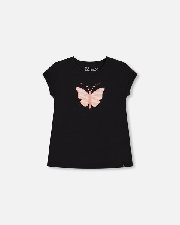 Organic Cotton Top With Applique Black And Pink Butterfly - G30L71_999