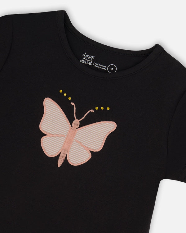 Organic Cotton Top With Applique Black And Pink Butterfly - G30L71_999