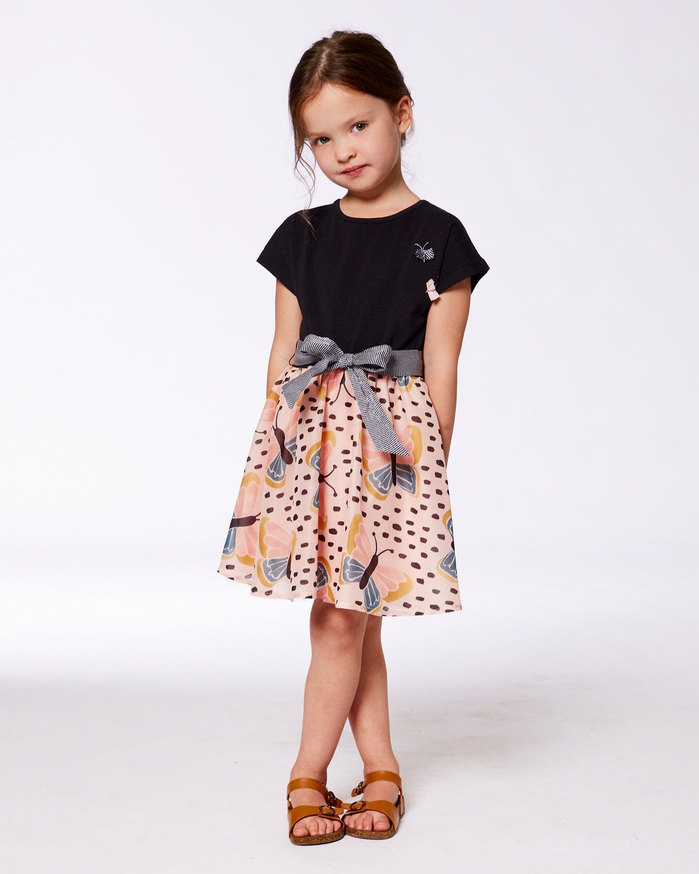 Bi-Material Dress With Printed Skirt Black, Pink, And Butterflies - G30L87_999