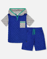 Printed Hooded Terry Top And Shorts Set Blue And Gray