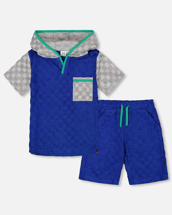 Printed Hooded Terry Top And Shorts Set Blue And Gray - G30MB10_472