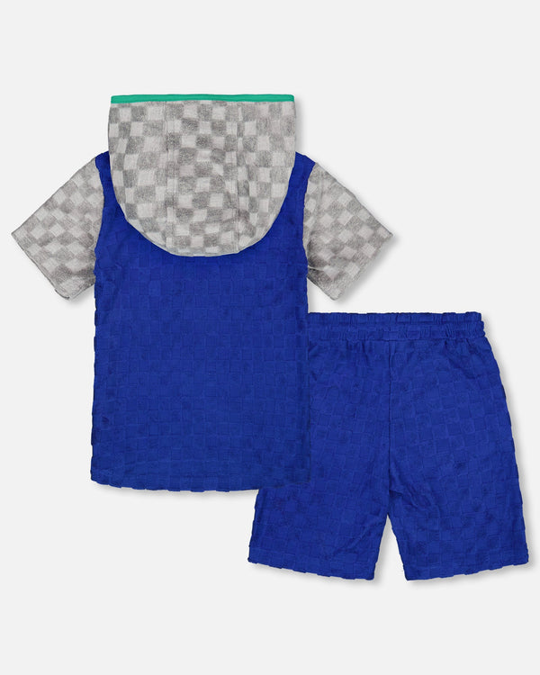 Printed Hooded Terry Top And Shorts Set Blue And Gray - G30MB10_472