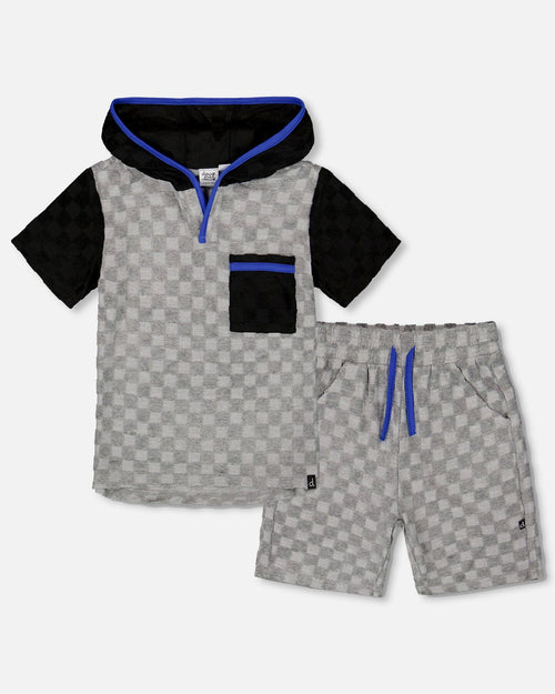 Printed Hooded Terry Top And Shorts Set Gray And Black Sets Deux par Deux 