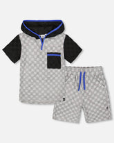 Printed Hooded Terry Top And Shorts Set Gray And Black