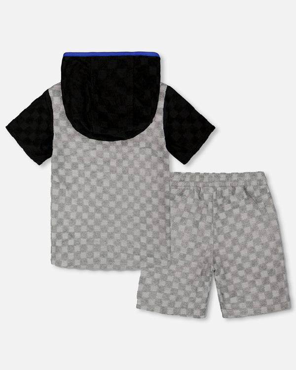 Printed Hooded Terry Top And Shorts Set Gray And Black Sets Deux par Deux 