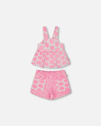 Printed Terry Tank Top And Shorts Set Vibrant Pink And White - G30MG10_624