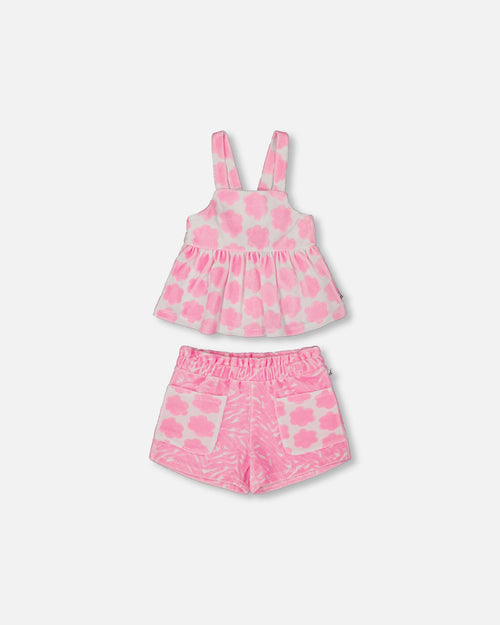 Printed Terry Tank Top And Shorts Set Vibrant Pink And White - G30MG10_624