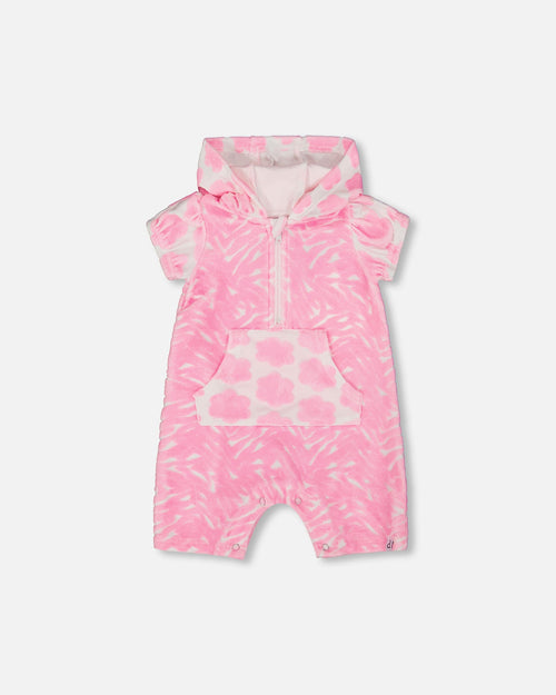 Printed Terry Romper With Hood Vibrant Pink And White - G30MG40_624