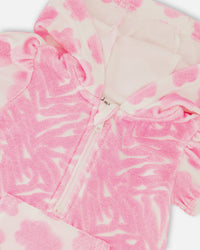 Printed Terry Romper With Hood Vibrant Pink And White - G30MG40_624