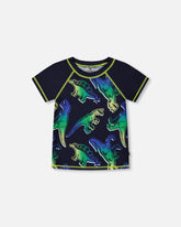 Short Sleeve Rashguard Blue And Green Dino On Navy