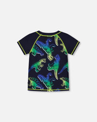 Short Sleeve Rashguard Blue And Green Dino On Navy - G30NB10_034