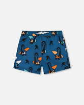 Printed Swim Trunks Orange Sloths On Navy Blue