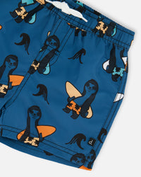 Printed Swim Trunks Orange Sloths On Navy Blue - G30NB11_038