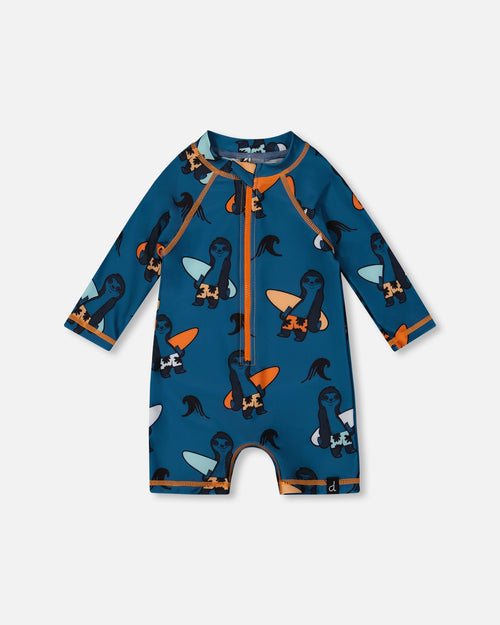 Printed Long Sleeve One-Piece Rashguard Orange Sloths On Navy Blue - G30NB15_038