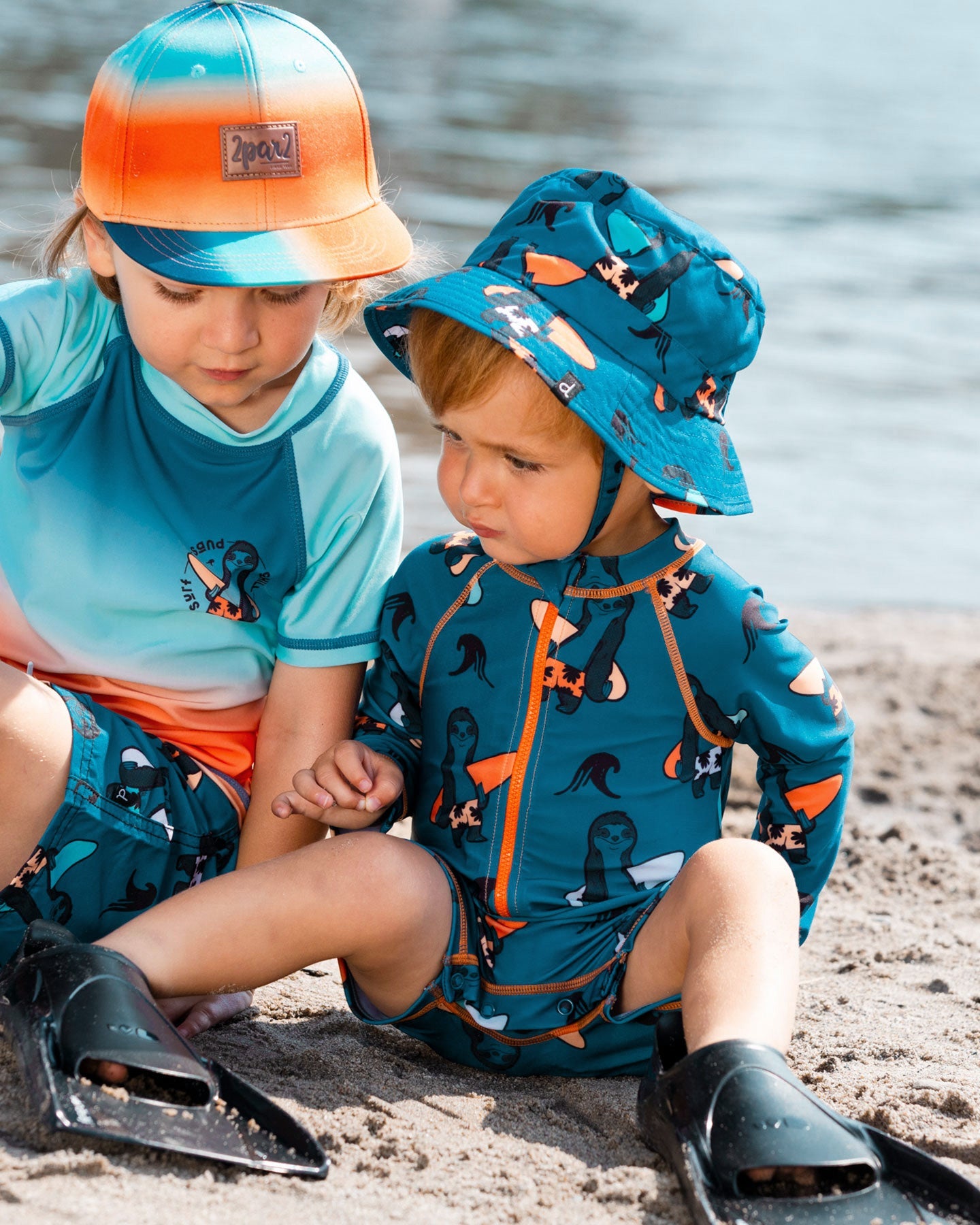 Printed Long Sleeve One-Piece Rashguard Orange Sloths On Navy Blue - G30NB15_038