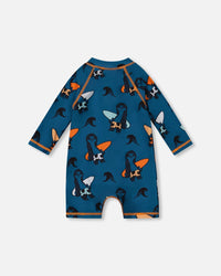 Printed Long Sleeve One-Piece Rashguard Orange Sloths On Navy Blue - G30NB15_038