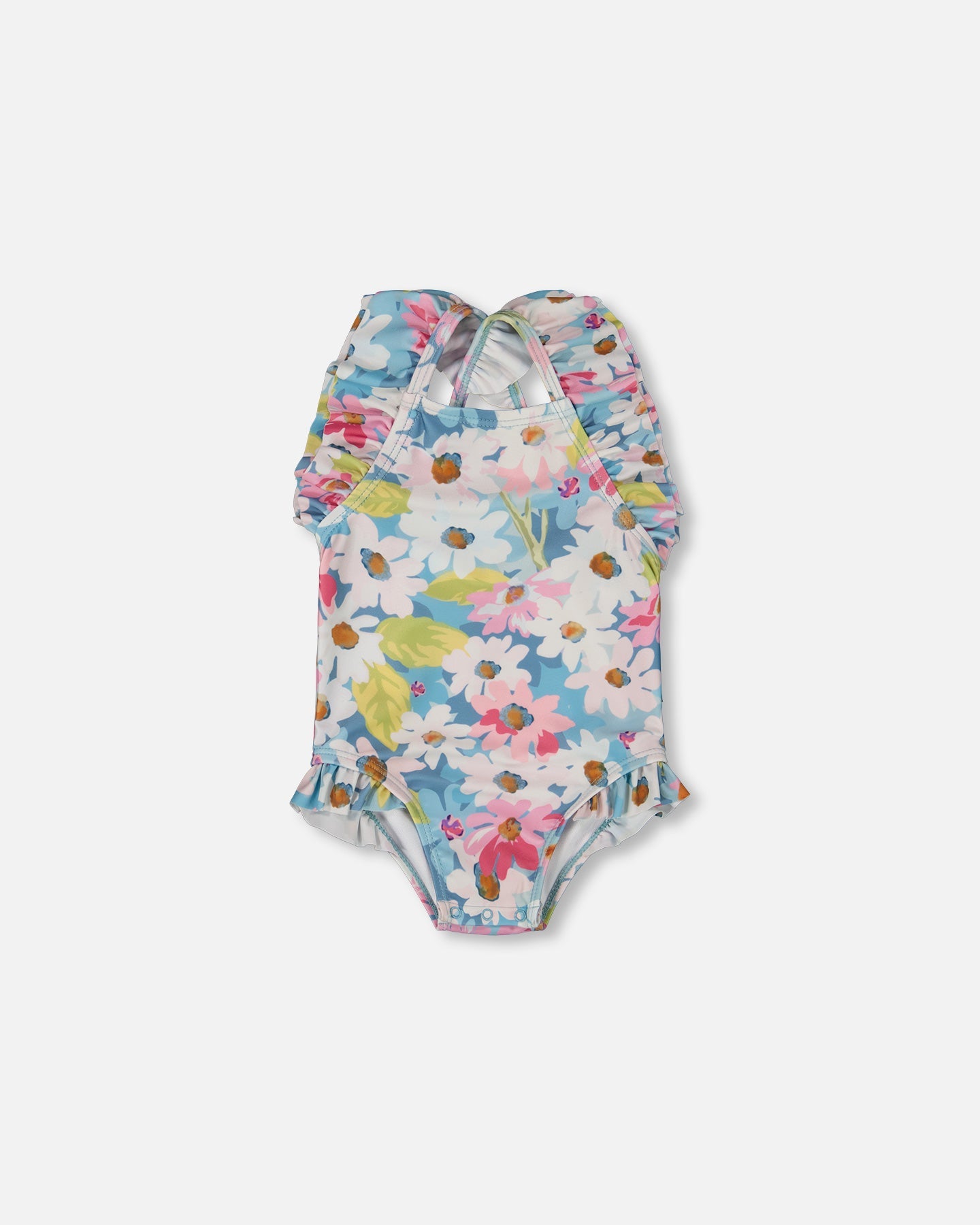 Printed One-Piece Swimsuit With Frills White, Pink, And Green Flowers - G30NG10_048