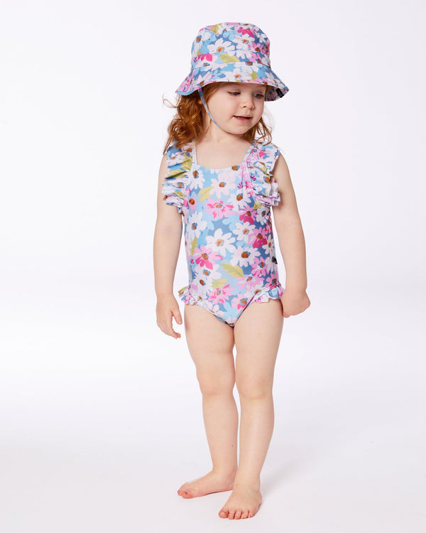 Printed One-Piece Swimsuit With Frills White, Pink, And Green Flowers - G30NG10_048