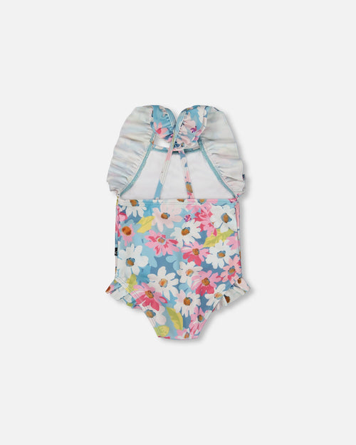 Printed One-Piece Swimsuit With Frills White, Pink, And Green Flowers - G30NG10_048