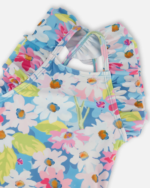 Printed One-Piece Swimsuit With Frills White, Pink, And Green Flowers - G30NG10_048