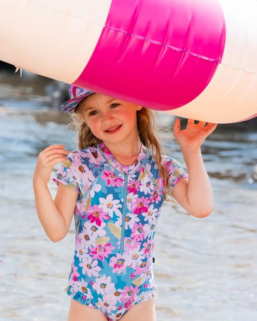 Printed Short Sleeve One-Piece Swimsuit With Frills White, Pink, And Green Flowers - G30NG11_048