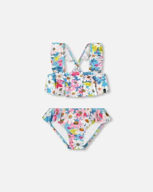 Printed Two-Piece Swimsuit With Frills White, Pink, And Green Flowers Swimwear Deux par Deux 