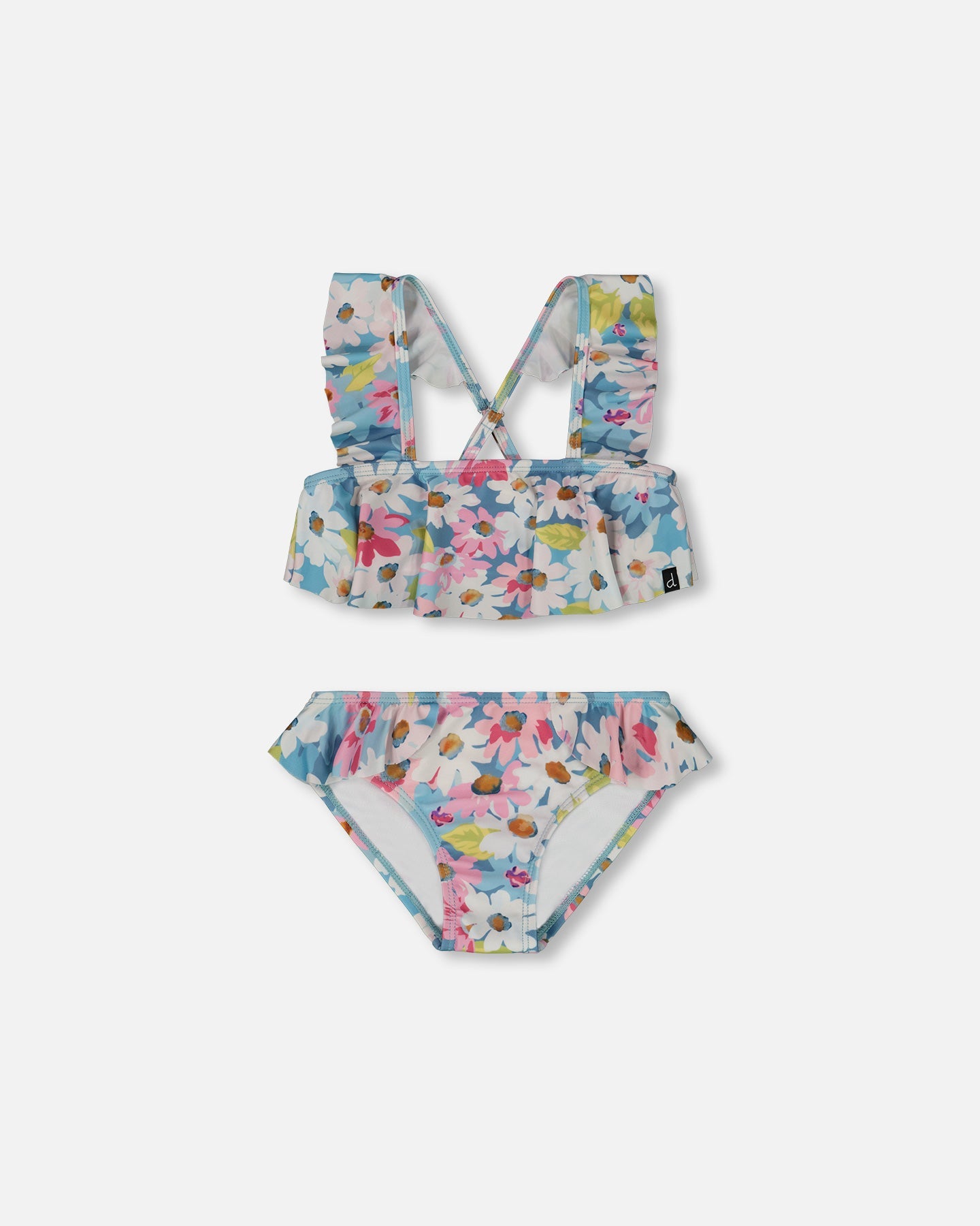 Printed Two-Piece Swimsuit With Frills White, Pink, And Green Flowers - G30NG12_048