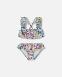 Printed Two-Piece Swimsuit With Frills White, Pink, And Green Flowers - G30NG12_048