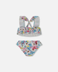 Printed Two-Piece Swimsuit With Frills White, Pink, And Green Flowers - G30NG12_048