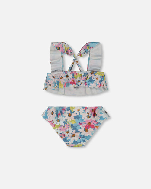 Printed Two-Piece Swimsuit With Frills White, Pink, And Green Flowers - G30NG12_048