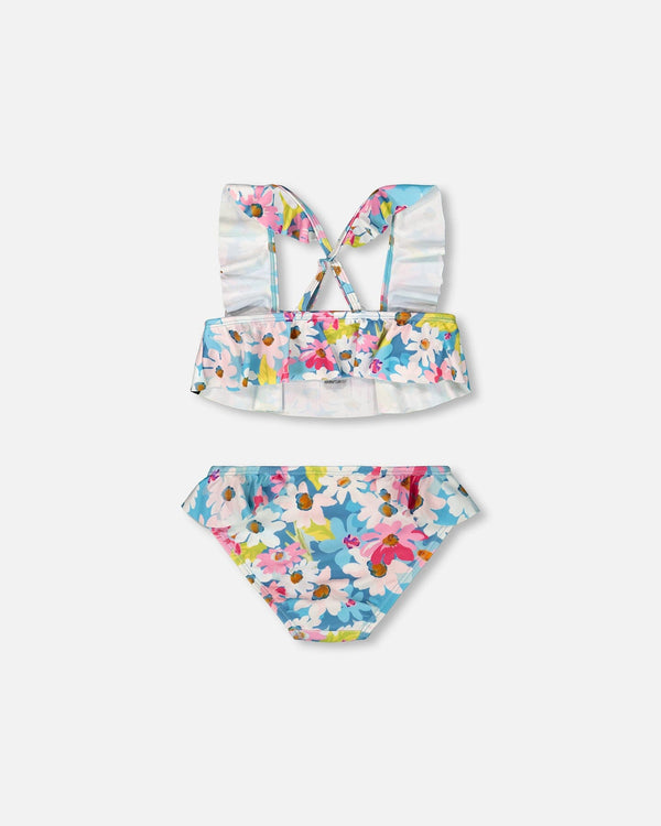 Printed Two-Piece Swimsuit With Frills White, Pink, And Green Flowers Swimwear Deux par Deux 