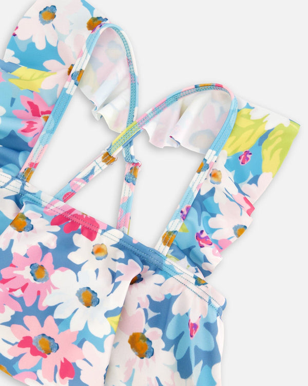 Printed Two-Piece Swimsuit With Frills White, Pink, And Green Flowers Swimwear Deux par Deux 