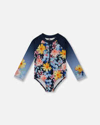 Printed Long Sleeve Rashguard Navy And Yellow And Pink Flowers - G30NG21_049