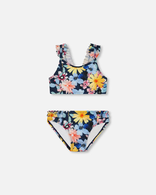 Printed Two-Piece Swimsuit Navy And Yellow And Pink Flowers - G30NG22_049