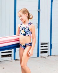 Printed Two-Piece Swimsuit Navy And Yellow And Pink Flowers - G30NG22_049