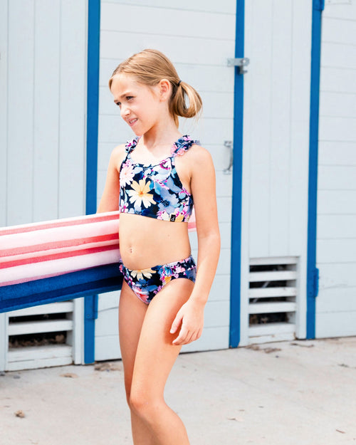 Printed Two-Piece Swimsuit Navy And Yellow And Pink Flowers - G30NG22_049