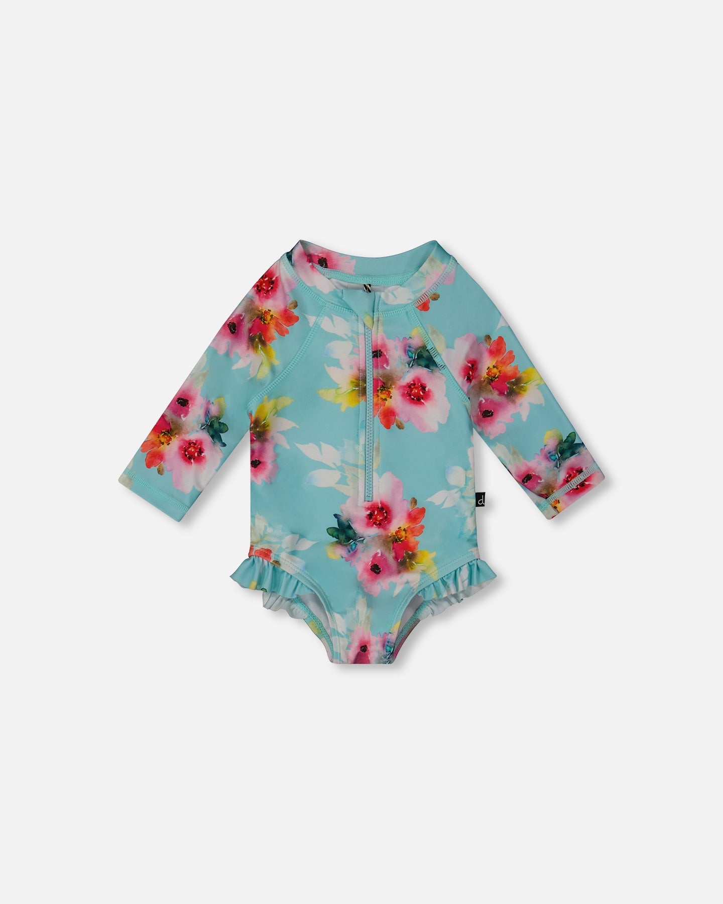 Printed One-Piece Rashguard With Frills Turquoise And Pink Flowers - G30NG70_057