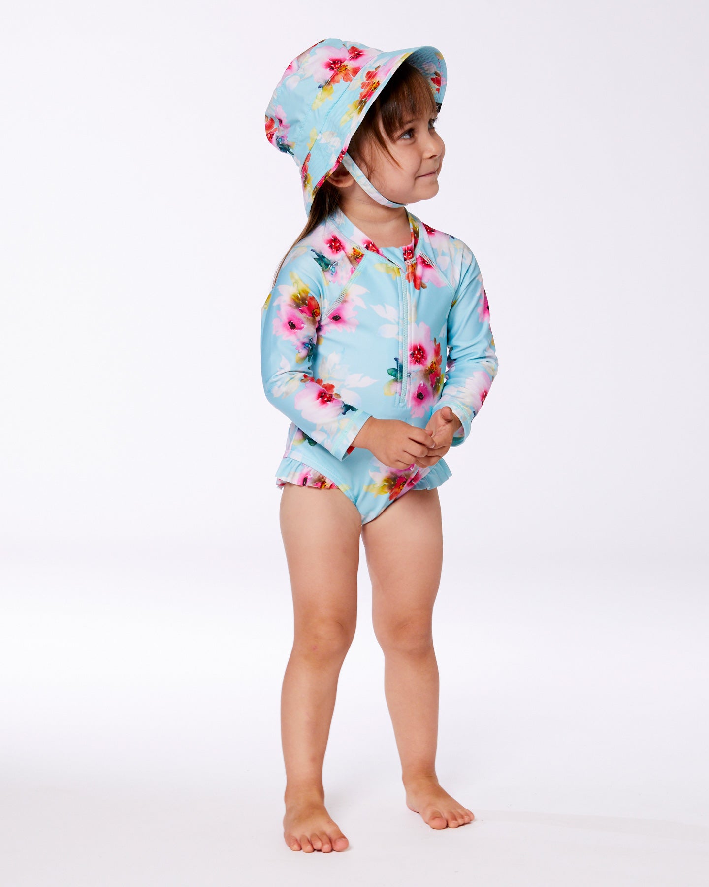 Printed One-Piece Rashguard With Frills Turquoise And Pink Flowers - G30NG70_057