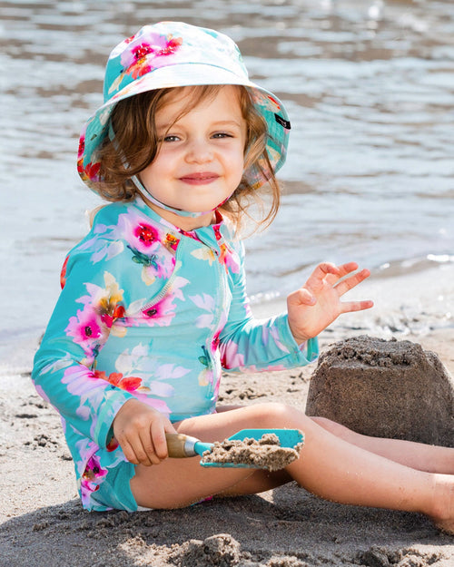 Printed One-Piece Rashguard With Frills Turquoise And Pink Flowers - G30NG70_057