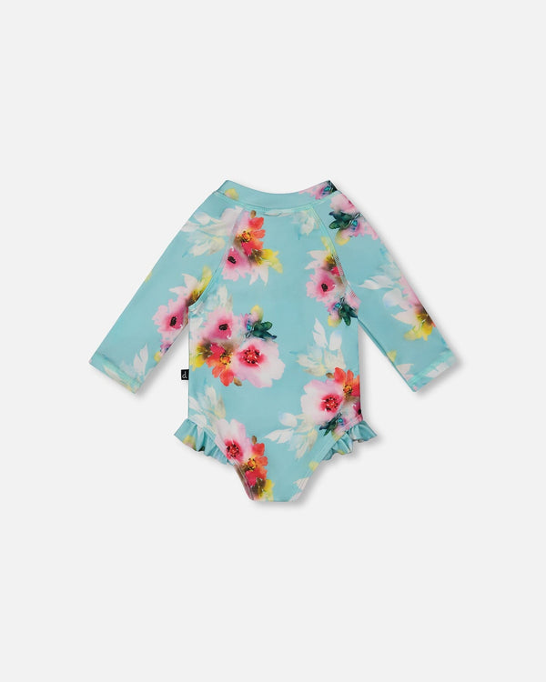 Printed One-Piece Rashguard With Frills Turquoise And Pink Flowers Swimwear Deux par Deux 